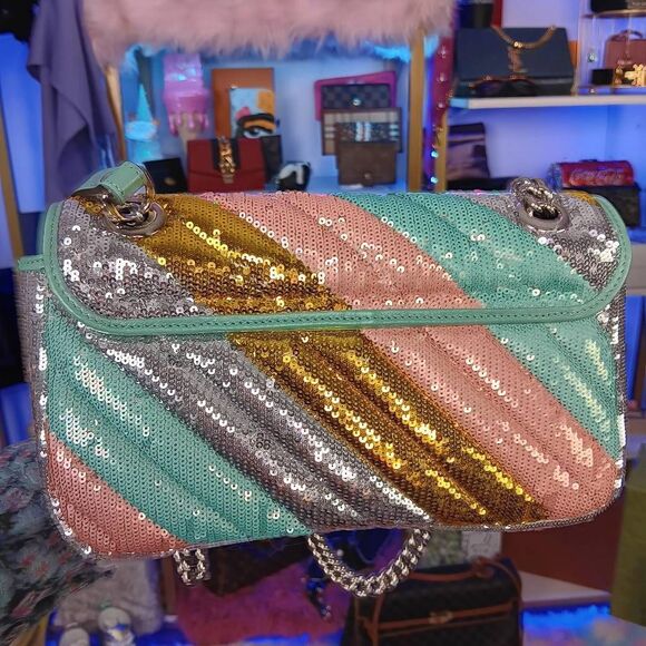 Gucci Marmont Gg Sequin Small Multicolored Rainbow Shoulder Bag w/Dustbag - Picture 8 of 16